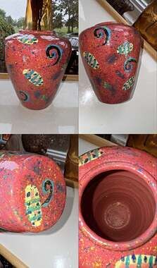 Vintage Memphis Style Splatter Paint Art Pottery Vase Jar Red Multi-Color 80s 90